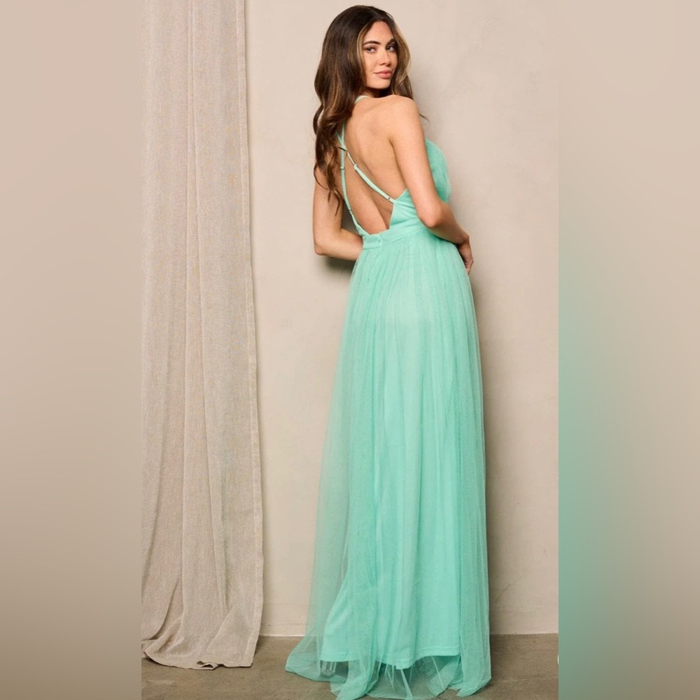 Mint Green Backless Maxi Gown – Sleeveless Plunge Dress Boutique
